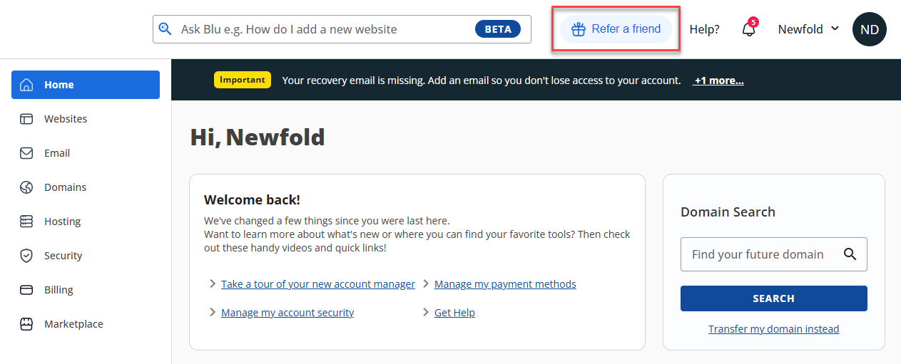 Bluehost Account manager - Refer a Friend