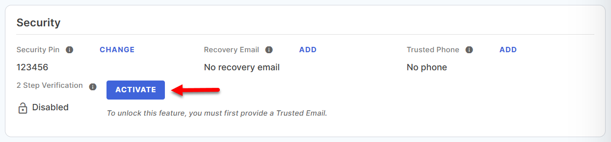 My Profile - 2 Step Verification - Activate