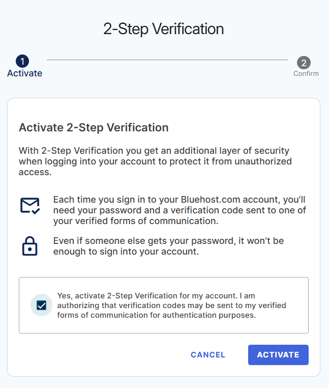 My Profile - 2 Step Verification pop-up