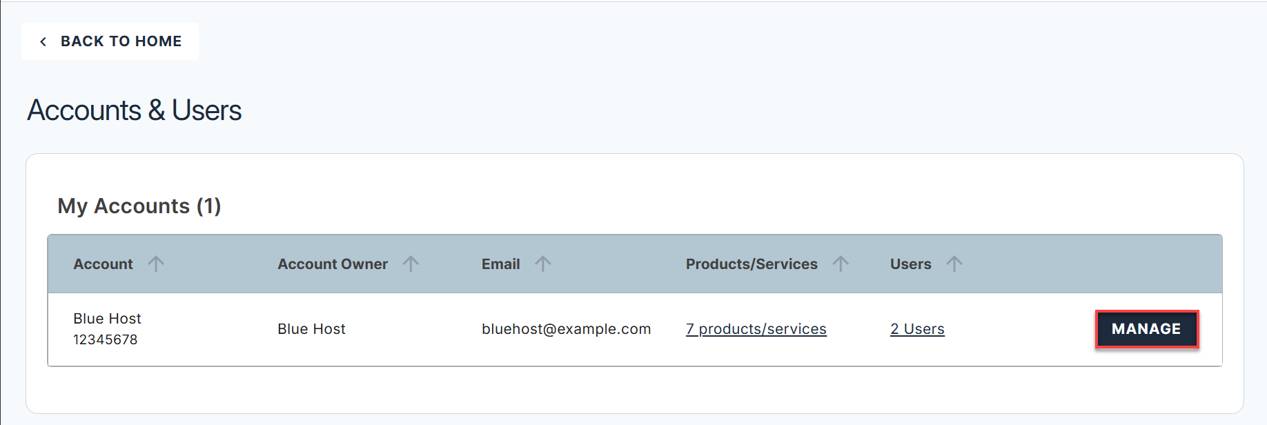 Manage button under Accounts & Users