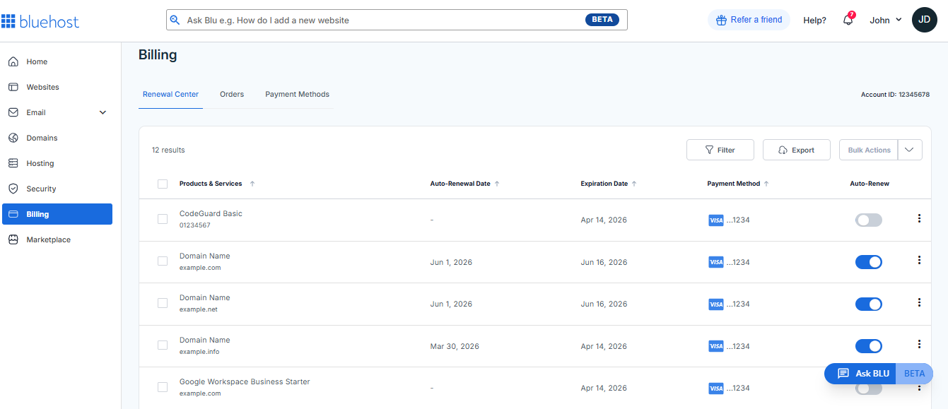 Account Manager - Billing tab interface