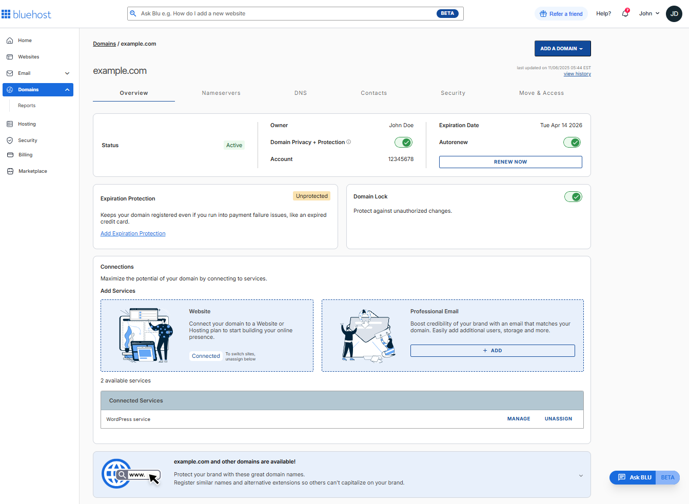 Account Manager - Domains tab interface