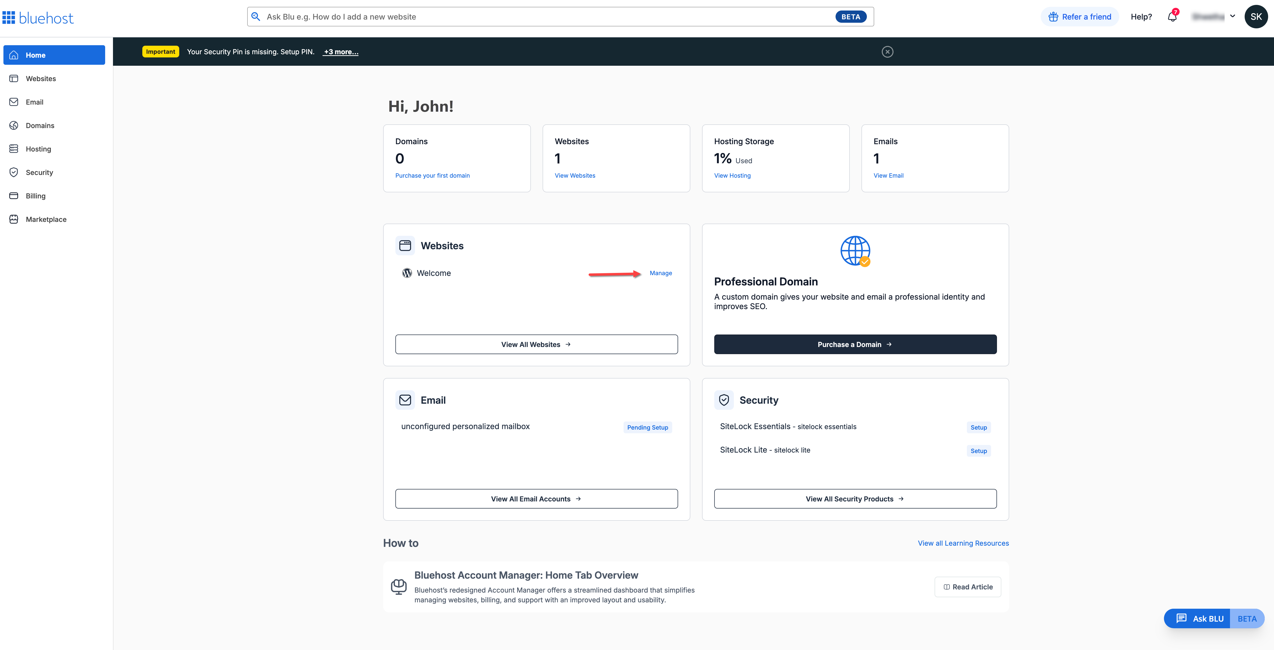 Account Manager - Home tab - Manage link