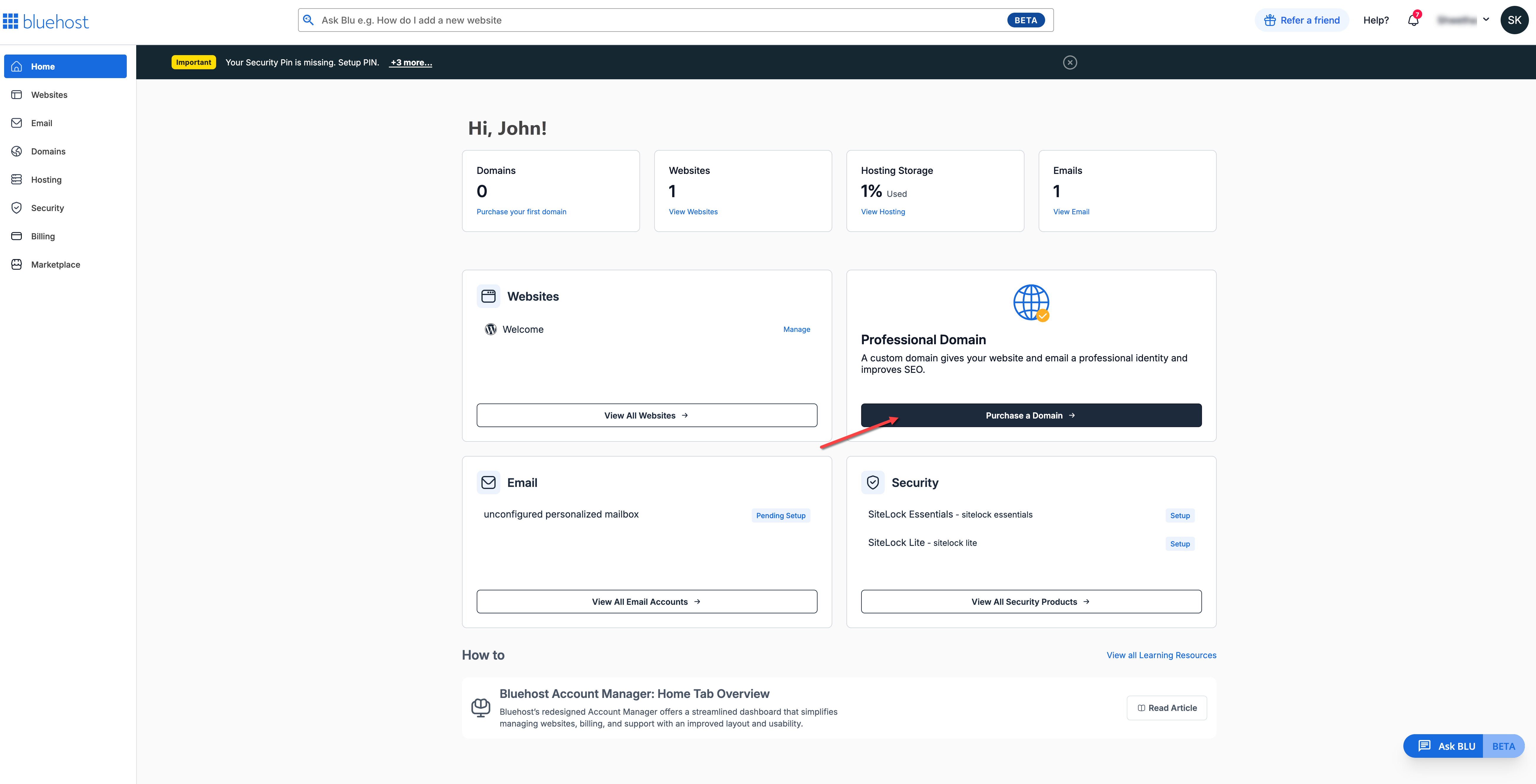 Account Manager - Home tab - Purchase option