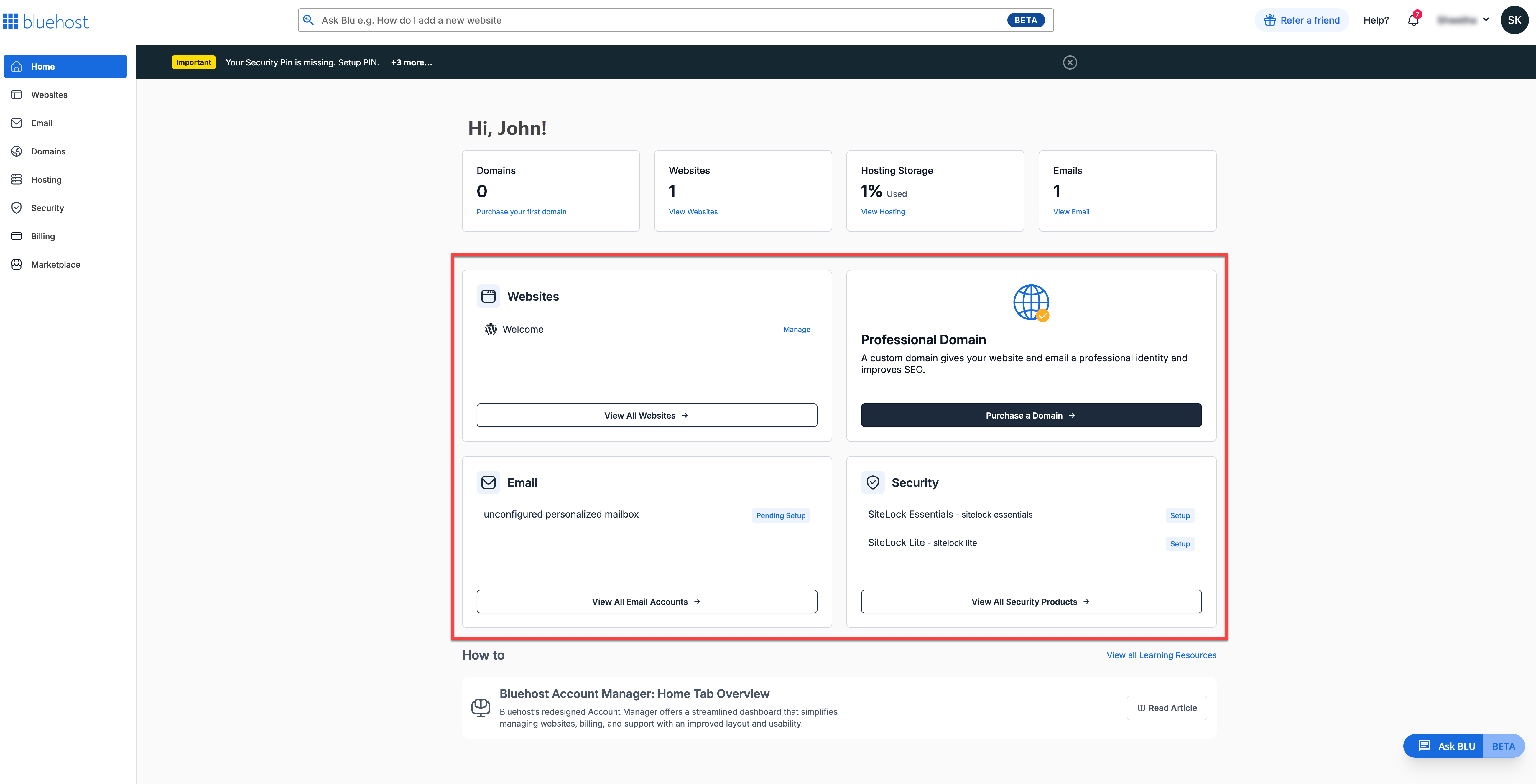 Account Manager - Home tab - Domains, Websites, Security & Emails cards