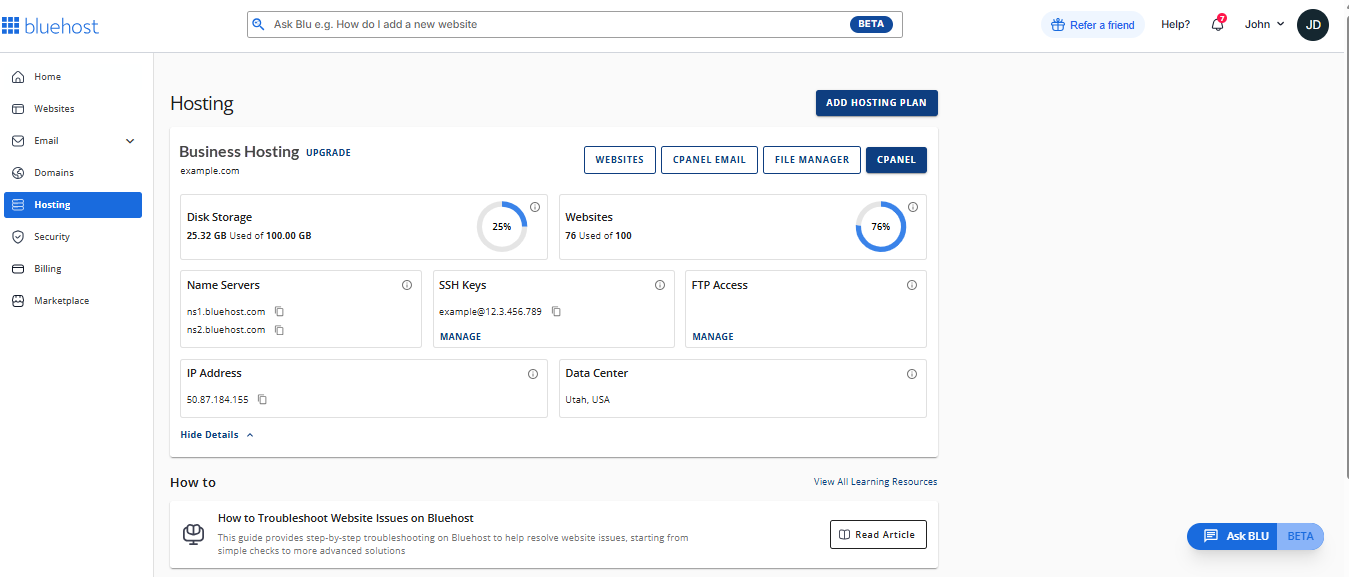 Account Manager - Hosting tab interface