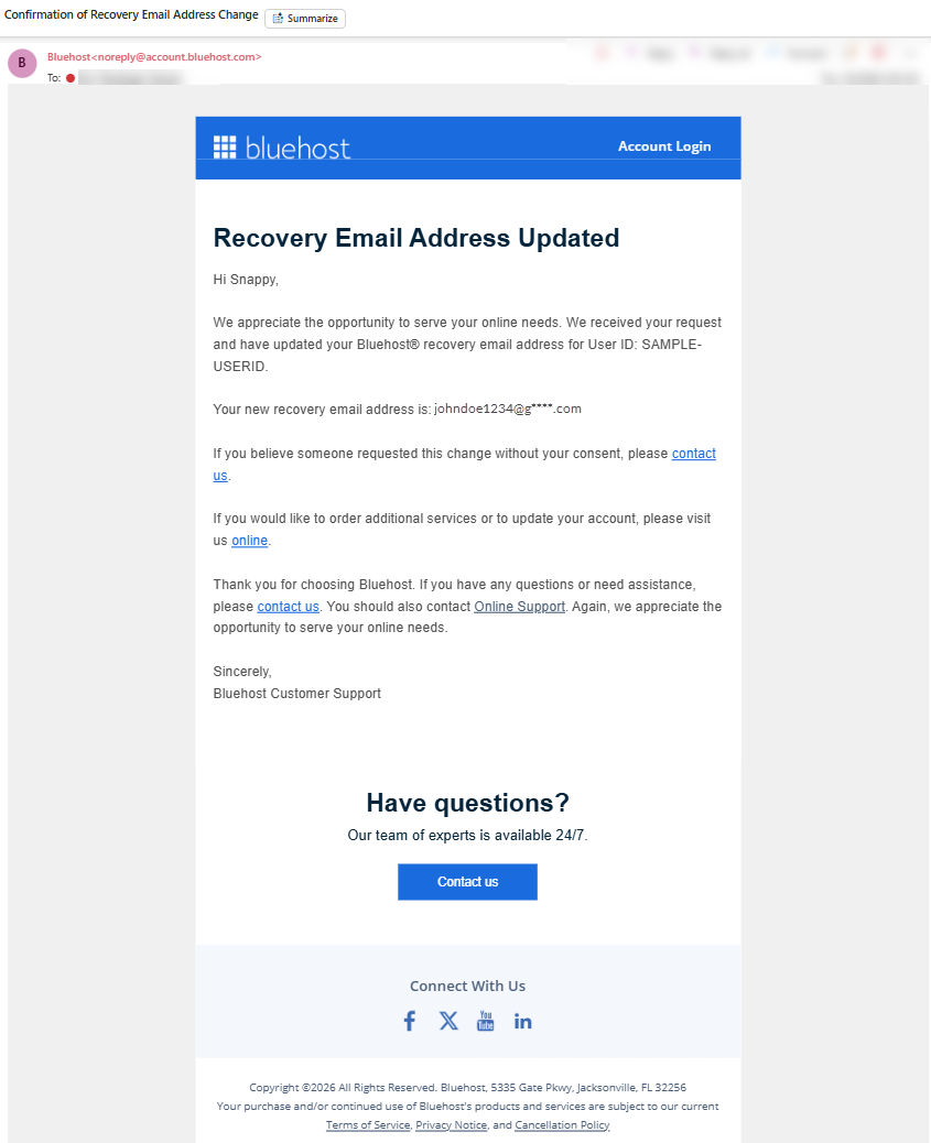 Recovery email confirmation