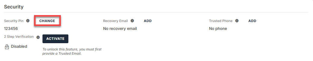 My Profile - Security PIN