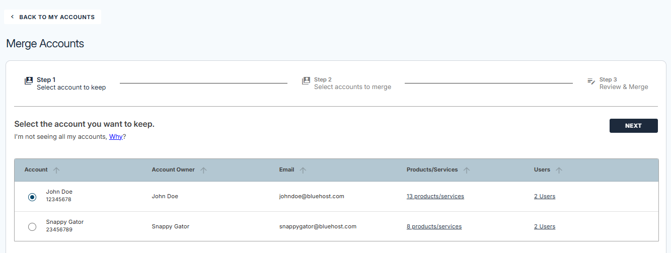 Merge Accounts - Select the account you want ot keep