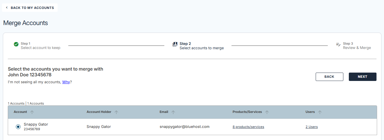 Merge Accounts - Select the account you want ot merge with