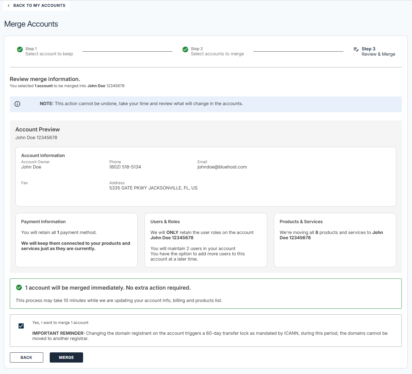 Merge Accounts - Review and merge