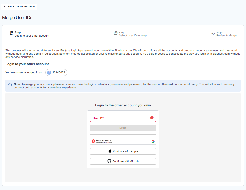 Step 1 - Log in to your "other" Bluehost account