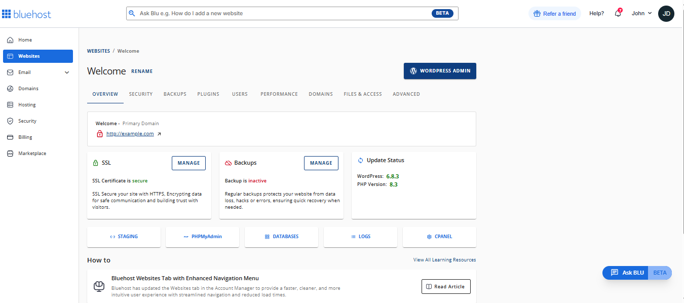 Account Manager - Websites tab interface
