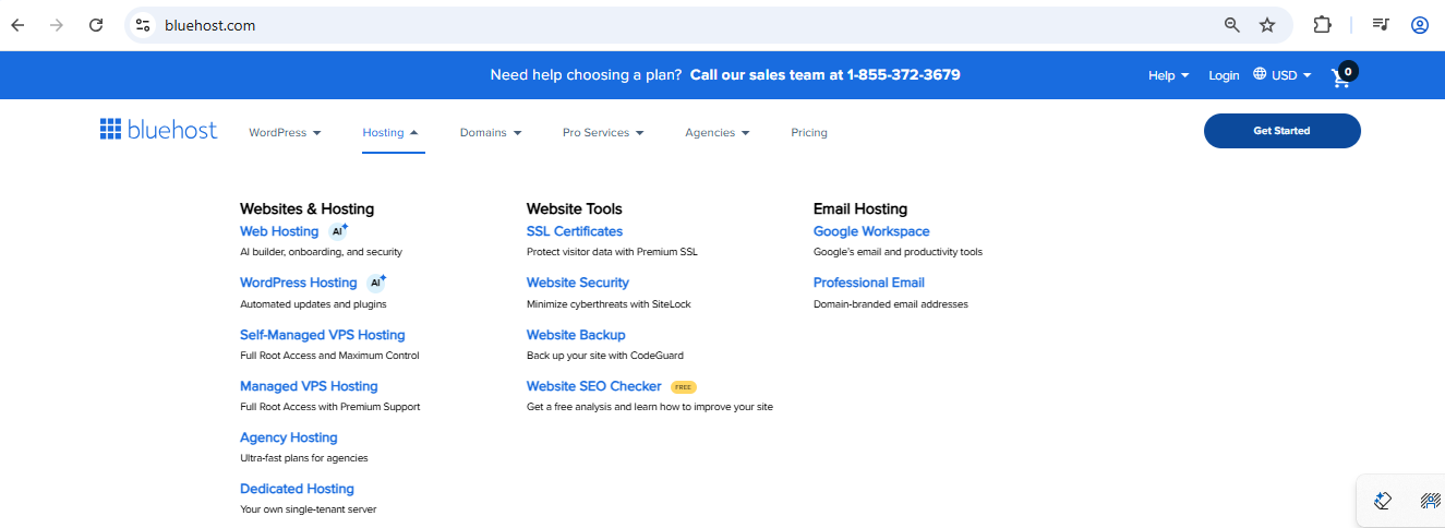 Bluehost.com - Hosting tab - Web hosting