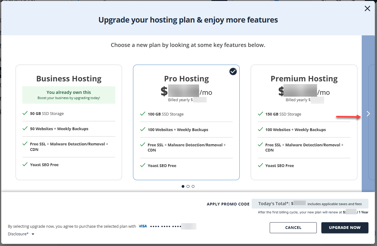 Upgrade Hosting Plan - Pro hosting plan pop-up window