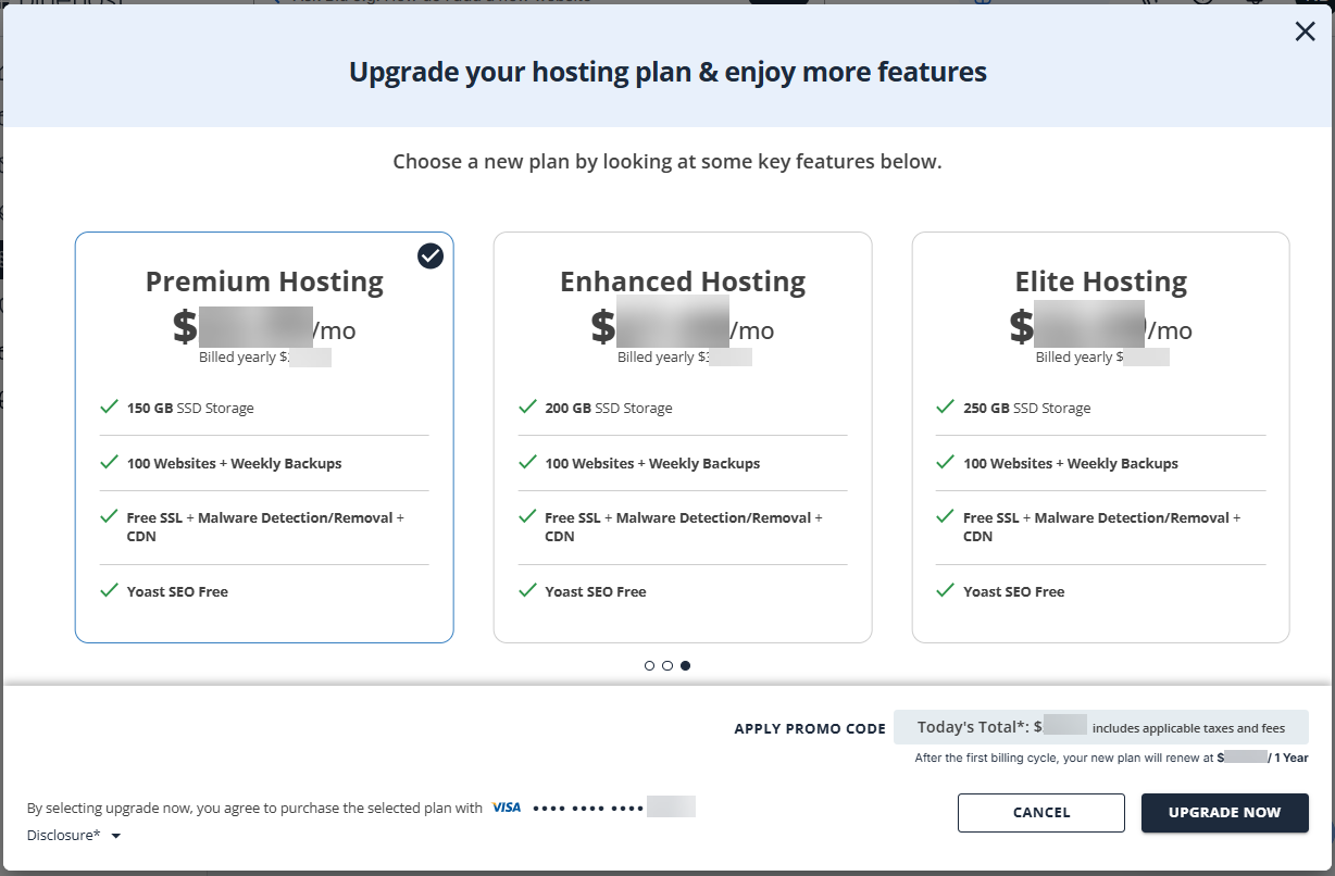 Upgrade Hosting Plan - Select your Pro hosting plan