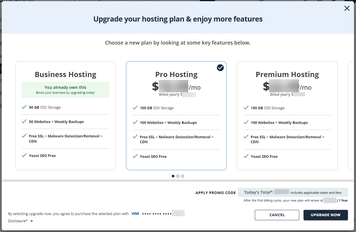 Upgrade Hosting Plan - Select hosting plan