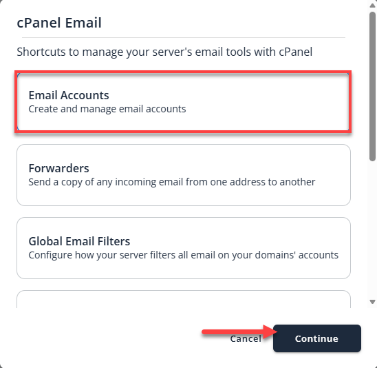 Bluehost Account Manager cPanel Email Email Account Continue