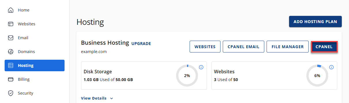 Bluehost Account Manager - Hosting Tab Details cPanel