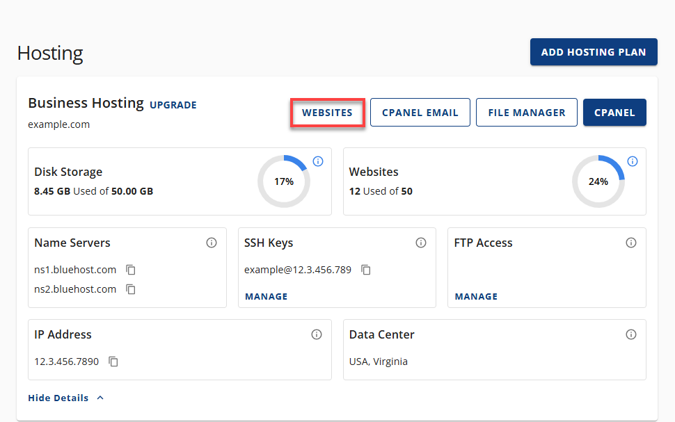 Bluehost Account Manager - Hosting - Websites button