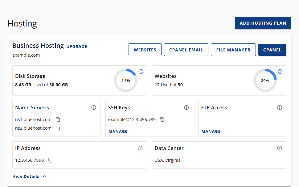 Bluehost Account Manager - Hosting Tab Details