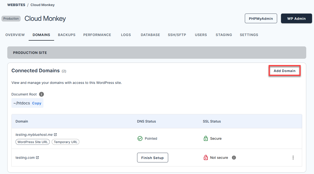 Bluehost Account Manager - Website Manage button