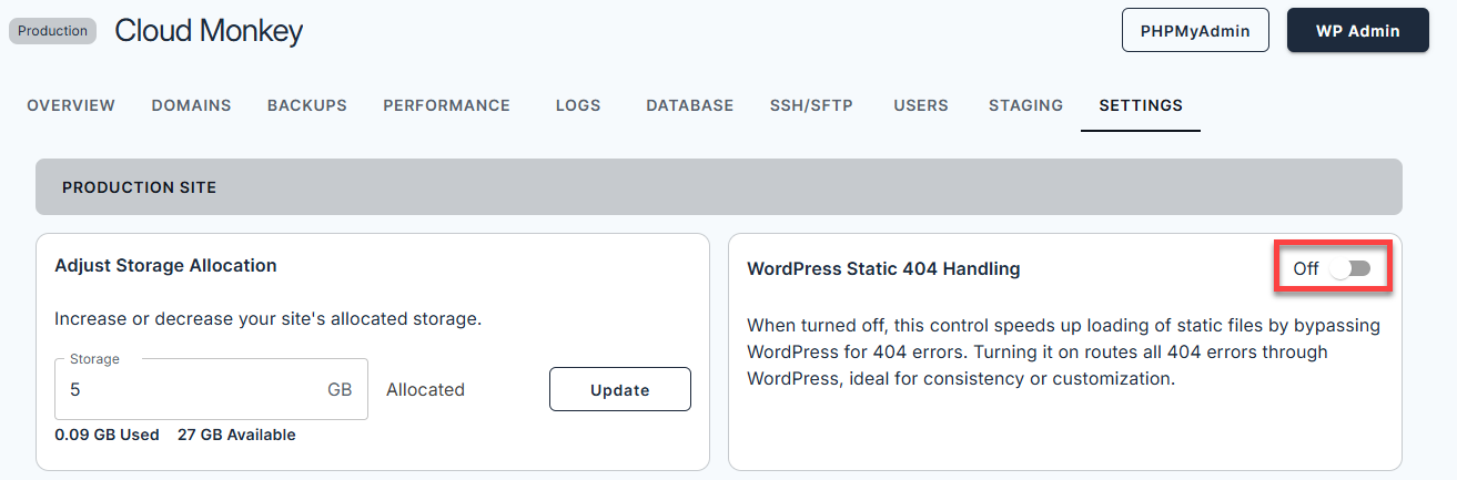 WordPress Static 404 Handler Toggled OFF