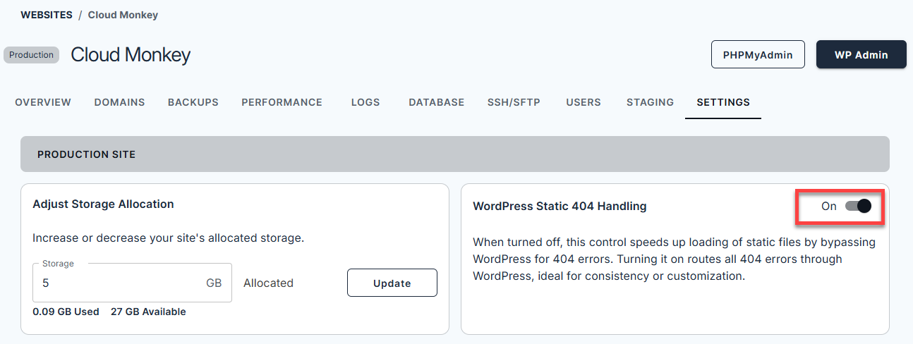 WordPress Static 404 Handler Toggled ON