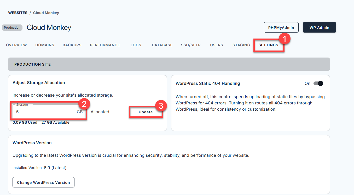 Bluehost Account Manager - Website Manage button