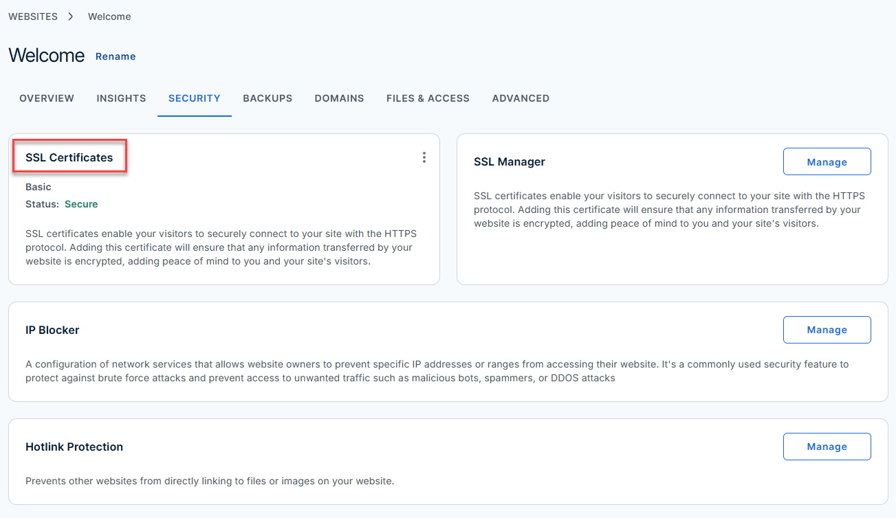 Bluehost Portal - Hosting Tab- Security- SSL