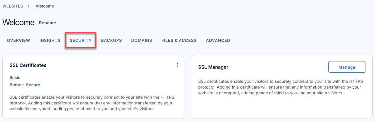 Bluehost Portal - Hosting Tab - Websites - Security