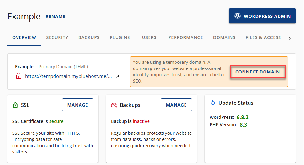 Bluehost Account Manager - Hosting Overview - Connect Domain
