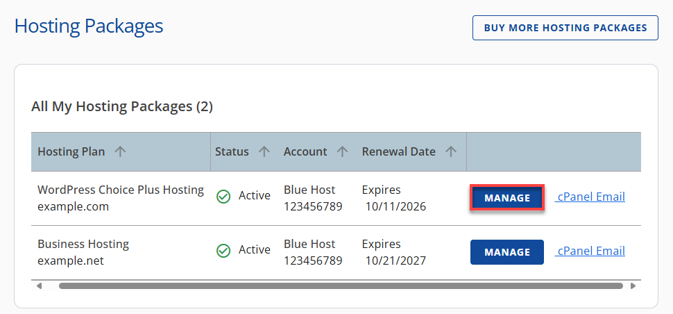 Bluehost Account Manager - Hosting Tab - Multiple Hosting Manage button