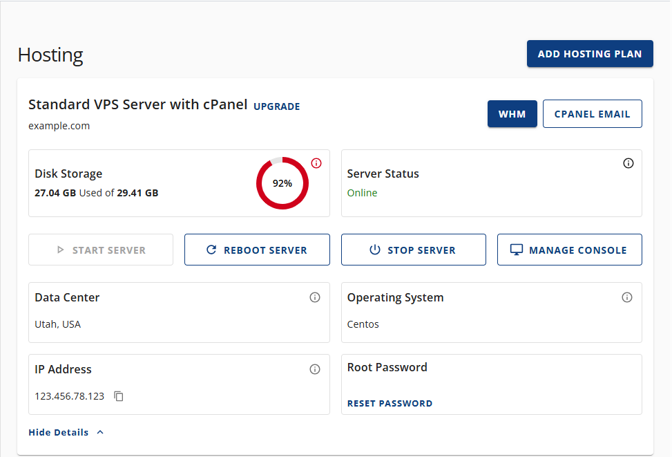 Bluehost Account Manager - Hosting Tab for VPS Details