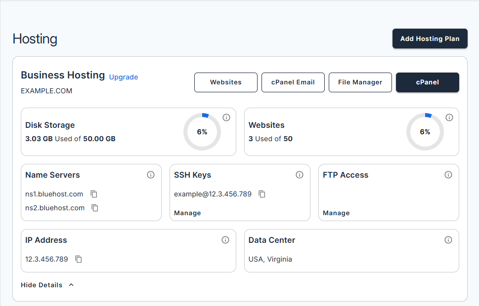 Bluehost Account Manager - Shared Hosting Tab