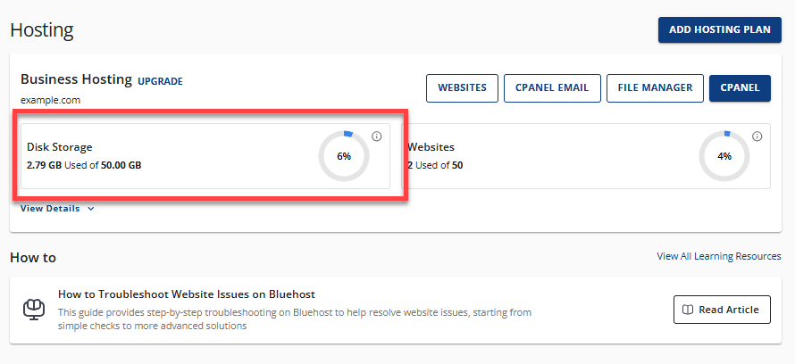 Account Manager - Hosting tab - Disk Storage