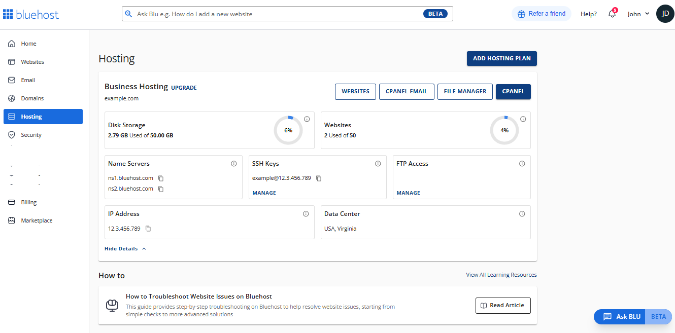 Account Manager - Hosting tab
