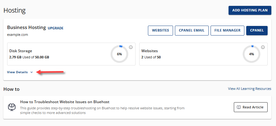 Account Manager - Hosting tab - Disk Storage
