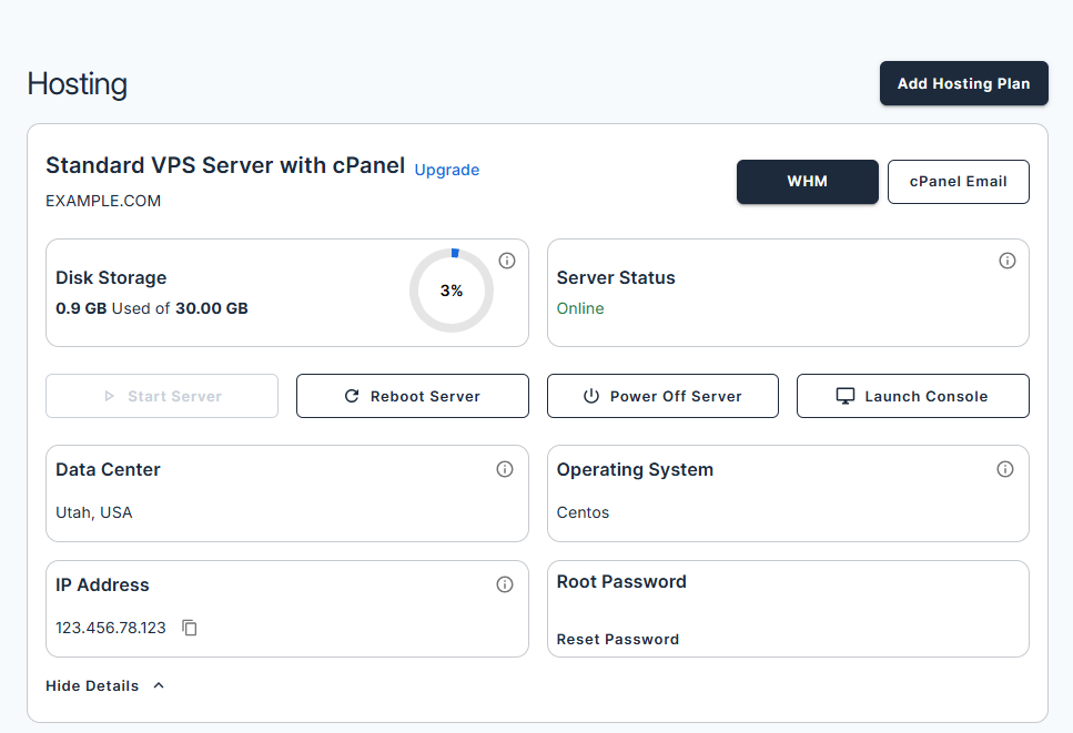 Bluehost Account Manager - VPS/Dedicated Server Tab