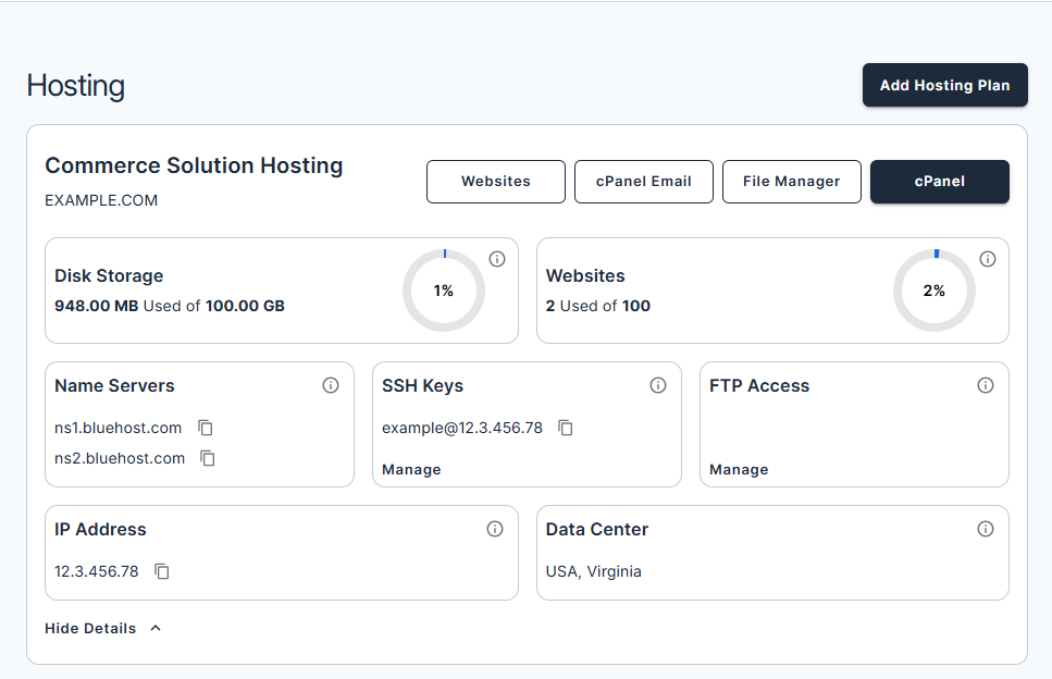 Bluehost Account Manager - WooCommerce Online Store Tab
