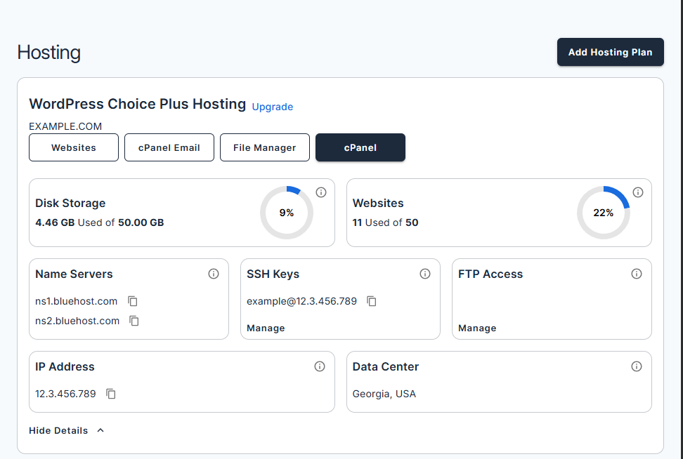 Bluehost Account Manager - WordPress Hosting Tab