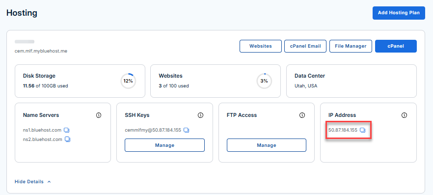 Bluehost Portal- IP address