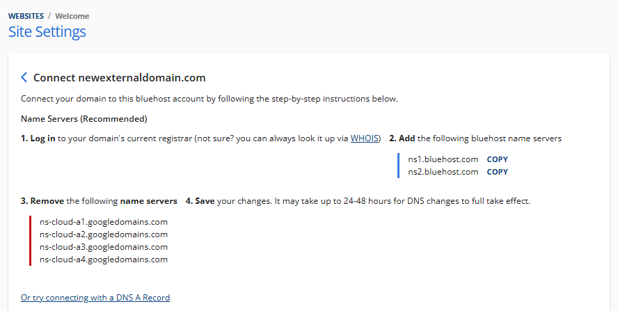 Connect an External Domain - Change domain's nameservers
