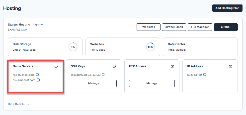 Bluehost Portal - Hosting tab - Nameservers