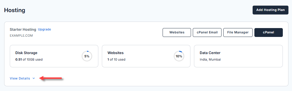Bluehost Portal - Hosting tab - View Details