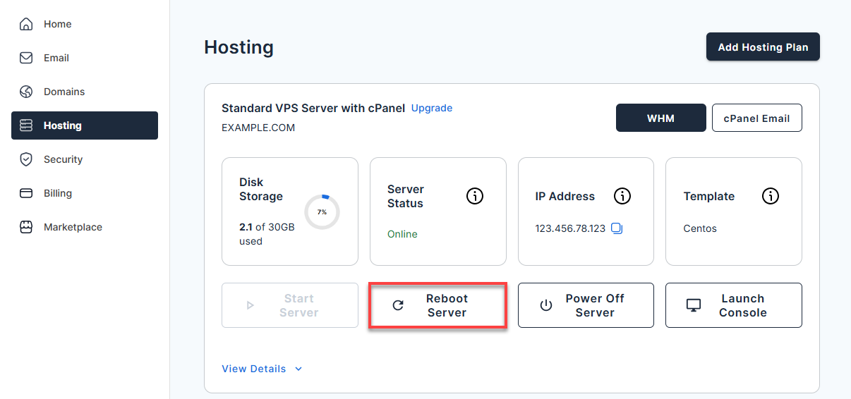 BH Hosting Tab Reboot Server