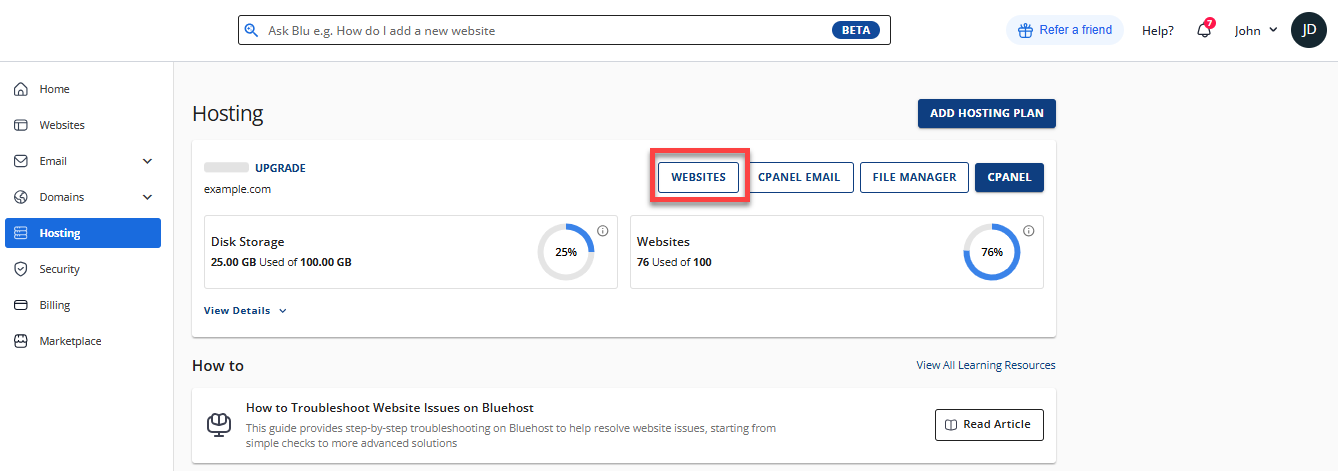 Hosting tab - Websites button