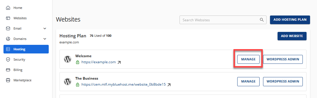 Hosting tab - Manage button