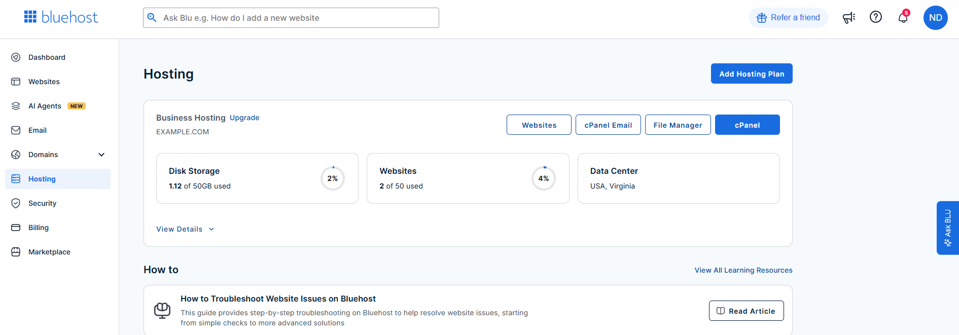 Bluehost Portal - Hosting tab interface