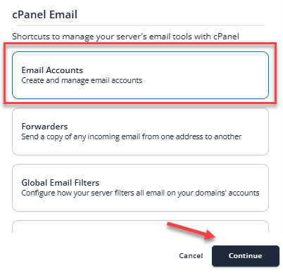 Email Account option and blue Continue button